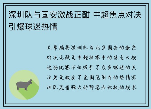 深圳队与国安激战正酣 中超焦点对决引爆球迷热情